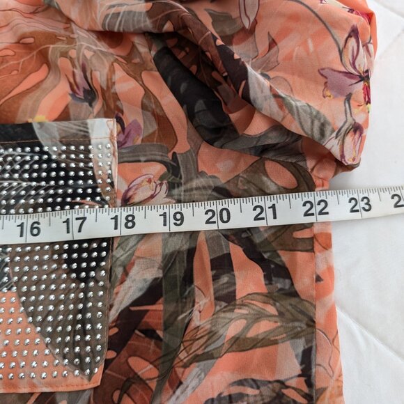 FRANK LYMAN Blouse L Multicolor Floral Sheer Embellished Roll Tab Sleeve Tie - Picture 14 of 14